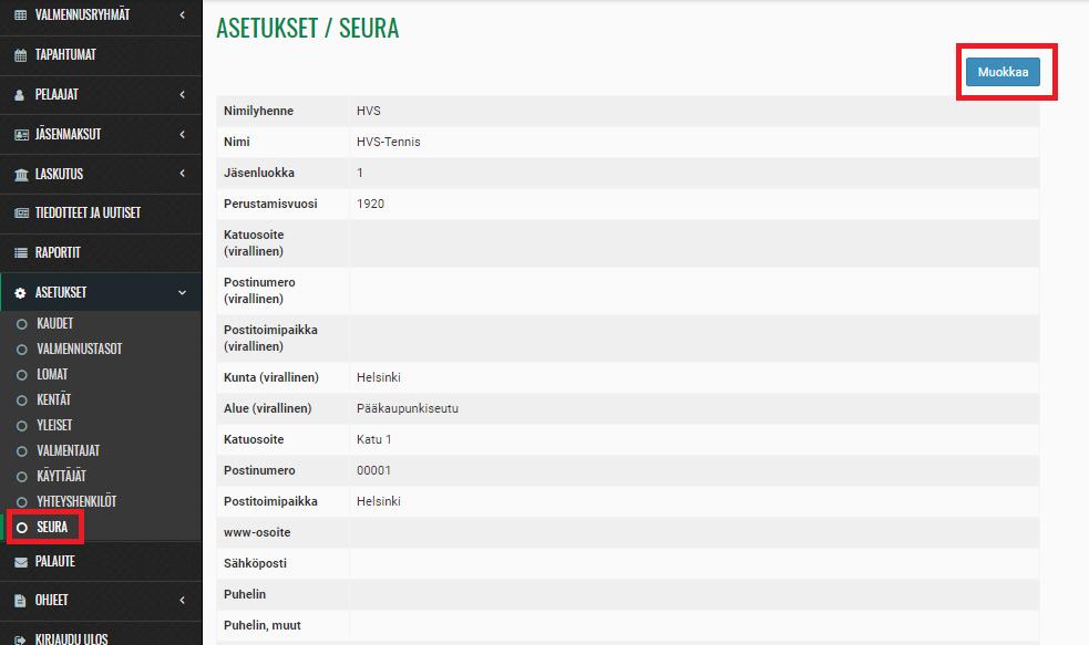 2. Seuran perustietojen hallinta 2.1 VALIKKO: ASETUKSET SEURA Tästä valikosta voit hallinnoida seuran perustietoja. Osa tiedoista (esim.