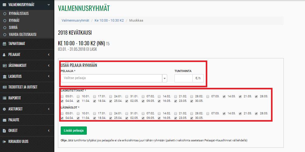 4.8 PELAAJIEN LISÄÄMINEN JA POISTAMINEN Kun lisäät pelaajan ryhmään (joko yksittäisen ryhmän kautta tai aputyökalulla), voit valita laskutettavat ja läsnäolokerrat.