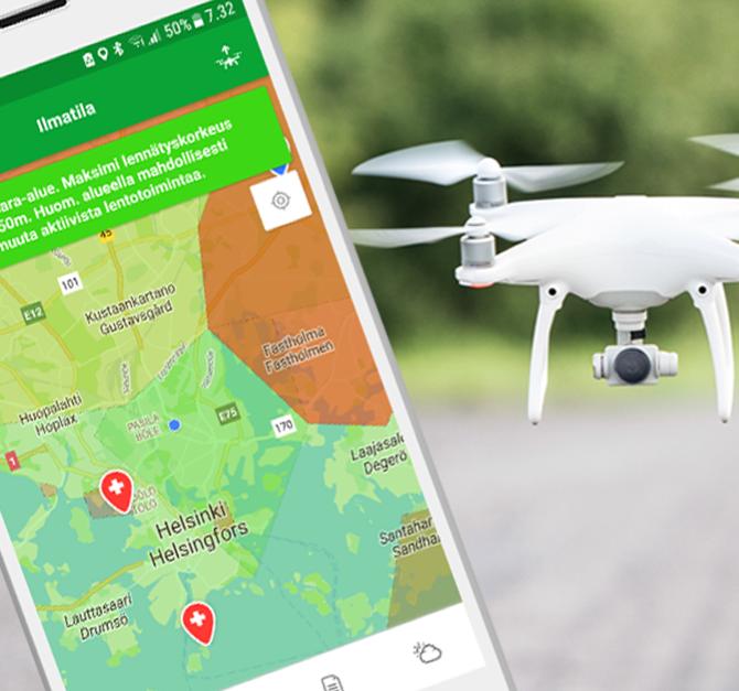 Droneinfo-mobiilisovellus Droneinfo-mobiilisovelluksesta saa helposti tietoa dronejen lennättämiseen vaikuttavista kielto- ja rajoitusalueista korkeusrajoituksista muista lennättäjistä