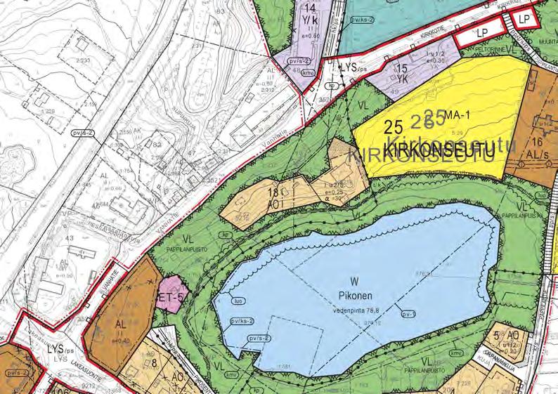 Kuva 2. Kaavaluonnos Pikosenrinteen alueelta. Suunniteltu AO-alue näkyy vaaleanruskeana kuvan keskellä. Lähde: Heinolan kaupunki.
