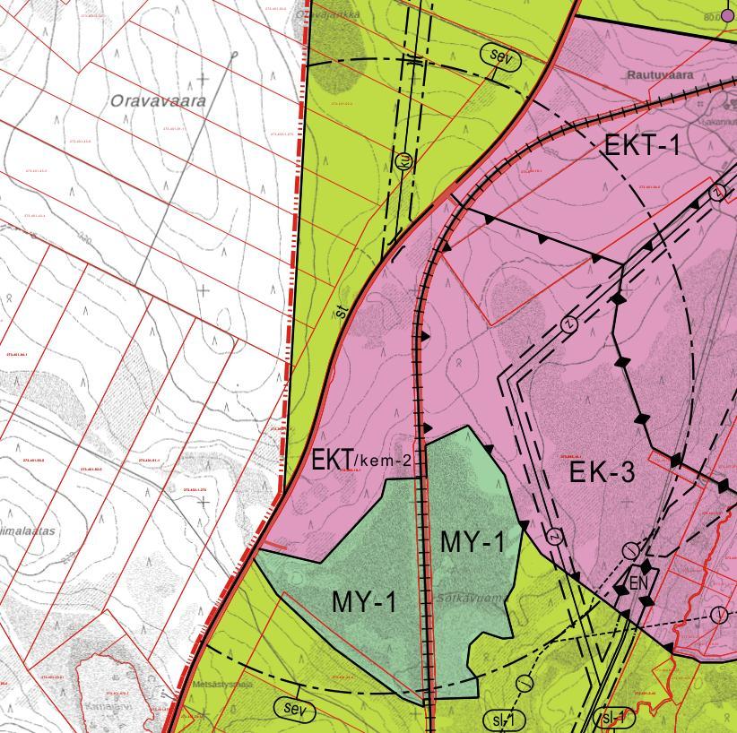 Kuva 17. Ote Hannukaisen kaivosalueen osayleiskaavan ehdotuksesta (20.2.2018)). Asemakaavoitettava alue on yleiskaavaehdotuksessa osoitettu merkinnällä EKT/kem-2.