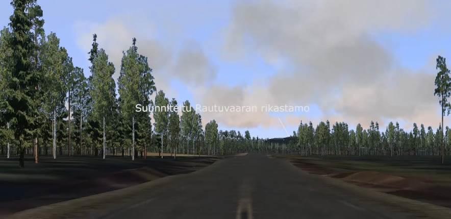 Kuva 21. Näkymä saavuttaessa Ylläksentietä kohti pohjoista ja Rautuvaaran teollisuusaluetta. Kuva perustuu virtuaalimalliin (Ramboll 2016).