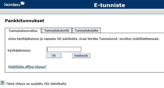 Esimerkiksi Nordean verkkopankkitunnuksilla tunnistautuessa palvelu pyytää sinua nyt tunnistautumaan joko tunnuslukusovelluksella, tunnuslukukortilla tai tunnuslukulaitteella.