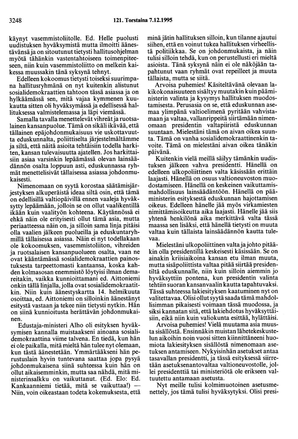 3248 121. Torstaina 7.12.1995 käynyt vasemmistoliitolle. Ed.