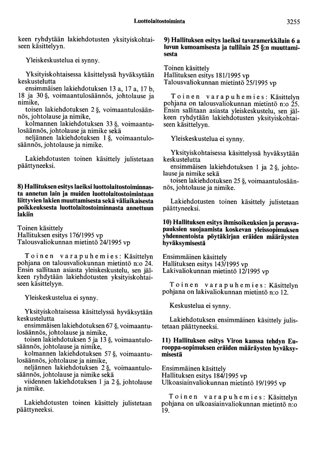 Luottolaitostoiminta 3255 keen ryhdytään lakiehdotusten yksityiskohtaiseen käsittelyyn. Yleiskeskustelua ei synny.