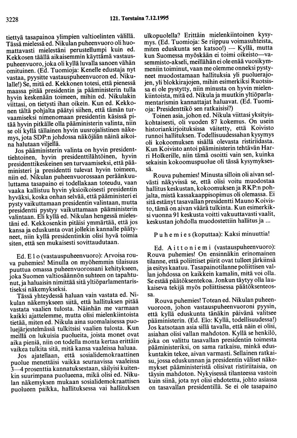 3228 121. Torstaina 7.12.1995 tiettyä tasapainoa ylimpien valtioelinten välillä. Tässä mielessä ed. Nikulan puheenvuoro oli huomattavasti mielestäni perustellumpi kuin ed.