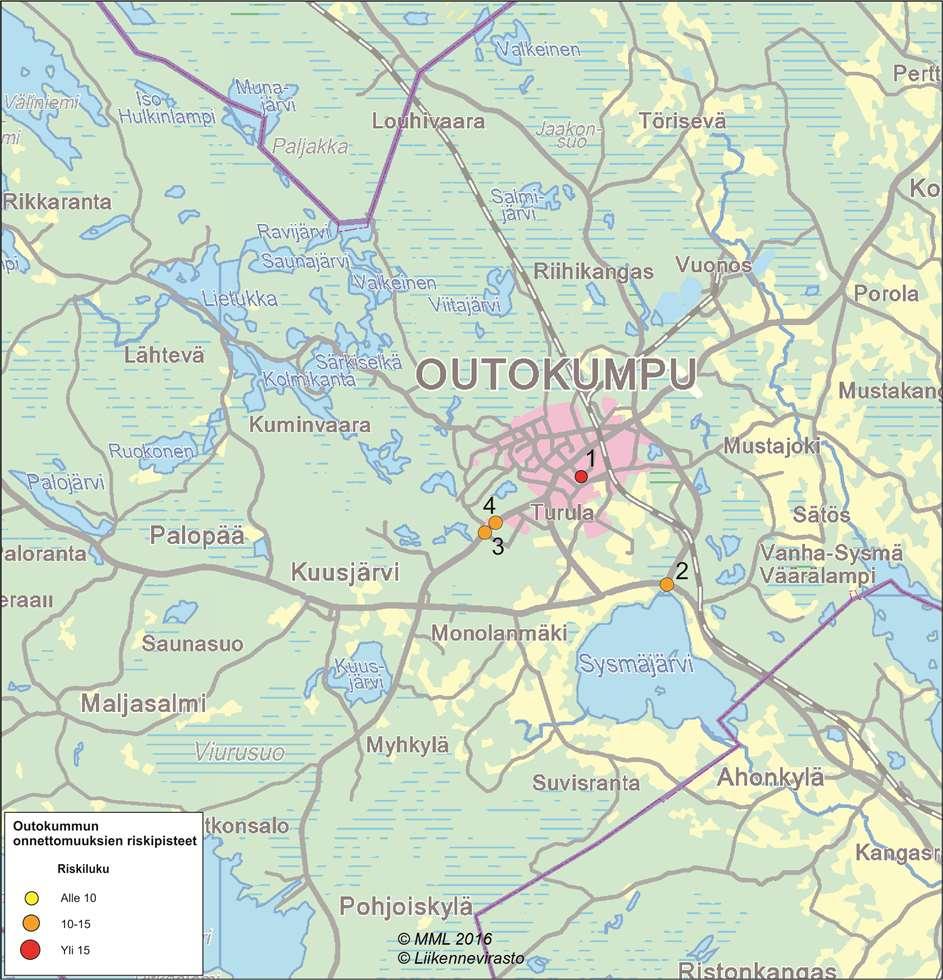 Nro Tie Paikka Kaikkien onnettomuuksien määrä Henkilövahinkoon johtaneiden onnettomuuksien määrä Riskiluku 1 Louhelankadun ja Työmiehenkadun liittymä 6 3 18 2 Vt 9 Vt 9 Kuopiontien