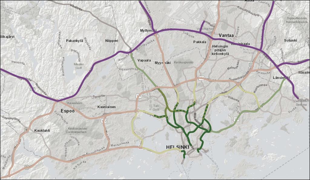 Viitteelliset kaupunkivyöhykkeet v. 2030 Kehä III:n sisäpuolella Nykyinen kantakaupunki. Yli 75 % asukkaiden matkoista tehdään kävellen, pyöräillen tai joukkoliikenteellä.