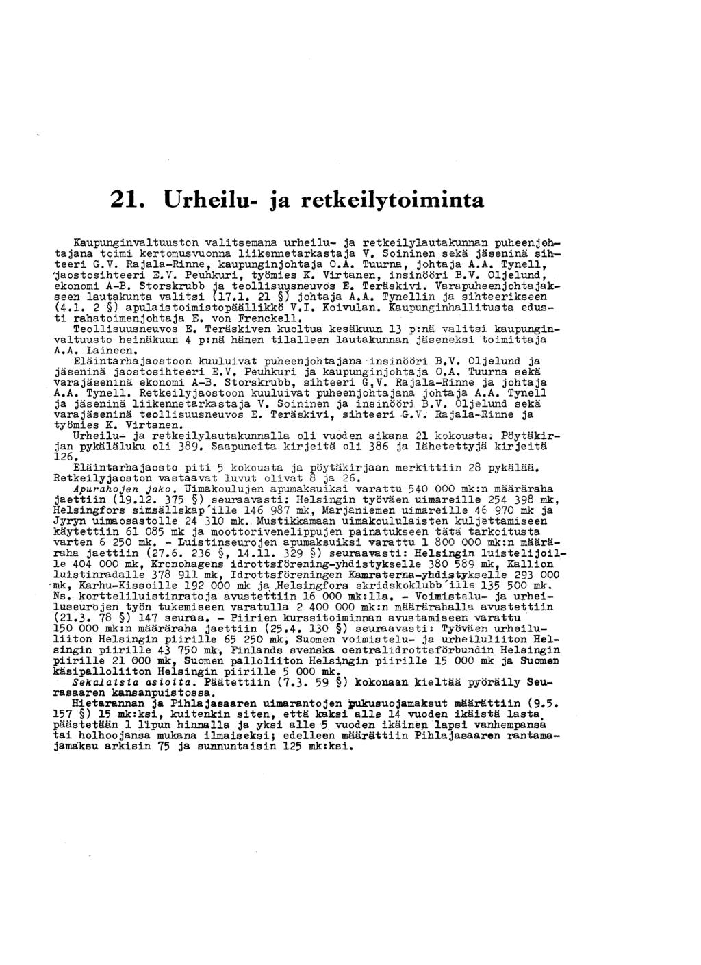 21. Urheilu- ja retkeilytoiminta Kaupunginvaltuuston valitsemana urheilu- ja retkeilylautakunnan puheenjohtajana toimi kertomusvuonna liikennetarkastaja V. Soininen sekä jäseninä sihteeri G-.V. Rajala-Rinne, kaupunginjohtaja O.