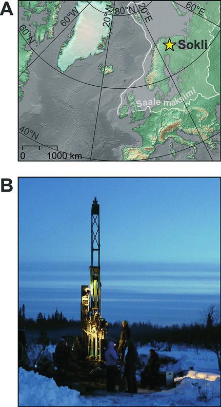 Kuva 1. (A) Soklin sijainti. Karttaan on merkitty myös Saale-kauden jäätiköitymisen maksimilaajuus. (B) Geologian tutkimuskeskuksen henkilökuntaa kairaamassa Soklin Eem-kerrostumaa keväällä 2010.