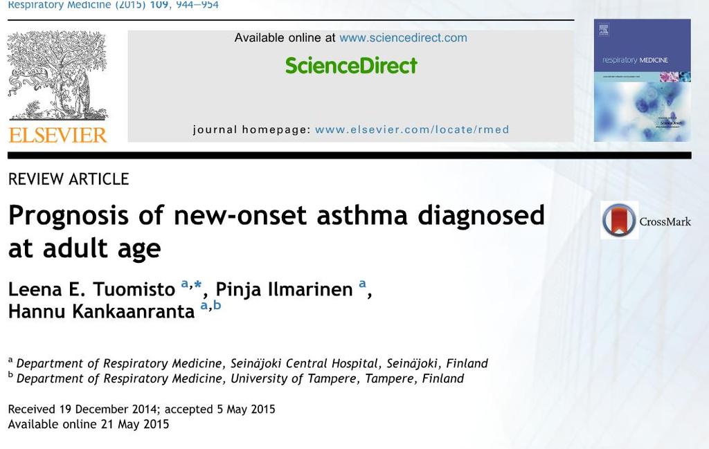 Aikuisiällä alkava astma: osuus diagnooseista Aikuisiällä alkava astma yleisempi: Naiset > 30-34 v. Miehet > 50-54 v. Samanlainen löydös USA:ssa CARDIAkohortissa Sood A, et al.