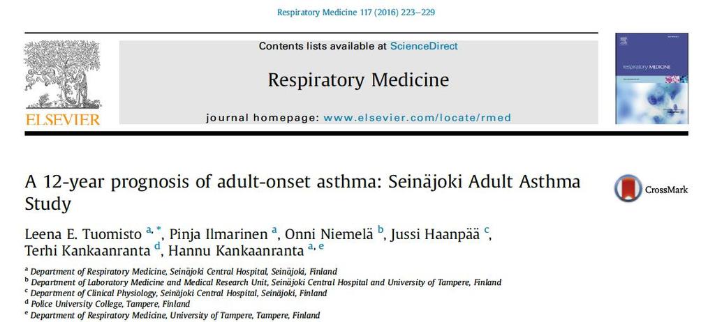 Remissio aikuisiällä alkavassa astmassa? Astman hoitotasapaino 12 vuotta diagnoosista? Mikä ennustaa huonossa hoitotasapainossa olevaa astmaa? Tuomisto LE, et al.
