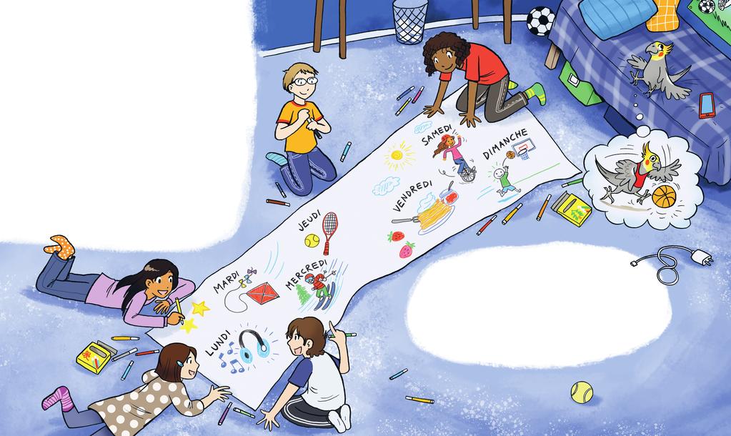 Qu et-ce qu on fait cette emaine? Océane, Amira, Lilou et Théo ont chez Jule. Il font leur devoir. Il organient leur emaine de vacance. Il font un dein. Lilou : Lundi, j écoute de la muique.