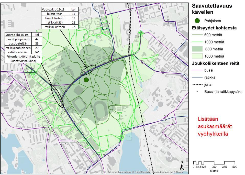 Garden Helsinki, liikenne ja liikkumisvirrat Garden Helsinki hankkeen kävelyn saavutettavuusvyöhykkeet 600 m ja 1000 m nykytilanteen liikenneverkon mukaan sekä joukkoliikenteen huipputunnin