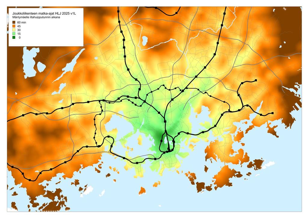 Garden Helsinki, liikenne ja liikkumisvirrat Garden Helsinki hankkeen saavutettavuus joukkoliikenteellä vuoden 2025 tilanteessa.
