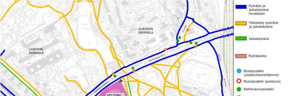 KATUVERKKO JA YHTEYDET Jalankulku ja pyöräily Garden Helsinki hanke sijaitsee tiiviissä kaupunkirakenteessa ja sen palveluiden äärelle on hyvät ja kattavat jalankulku- ja pyöräily-yhteydet.