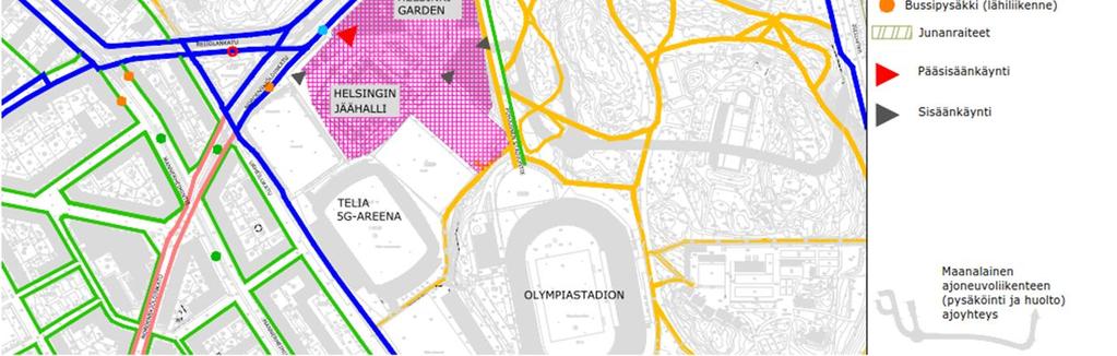 Pääsisäänkäynneistä kaksi sijaitsee hankkeen länsipuolella ja palvelee Mannerheimintien ja Reijolankadun suunnasta saapuvia jalankulkuvirtoja.