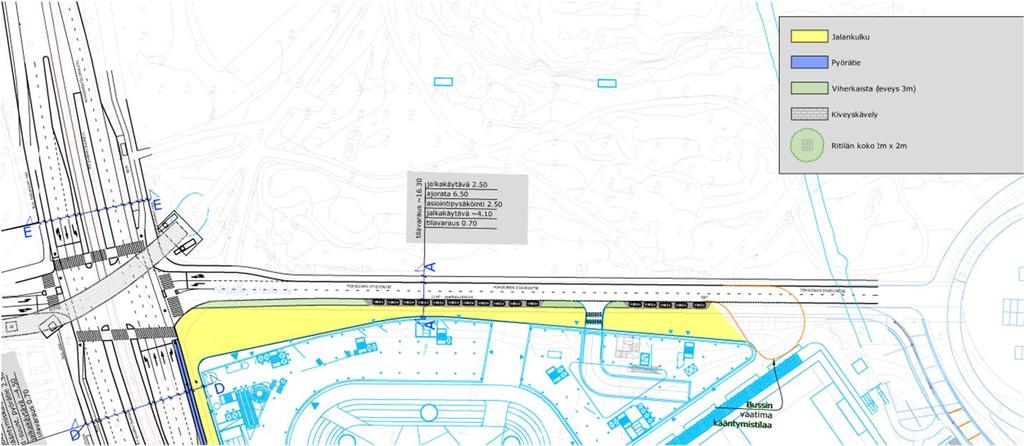 KATUJÄRJESTELYT Pohjoinen Stadiontie (Liite 6) Pohjoinen Stadionintie Garden hankkeen kohdalle Pohjoiselle Stadiontielle on esitetty uusi katupoikkileikkaus, jossa nykyinen kadun itäpuoleinen
