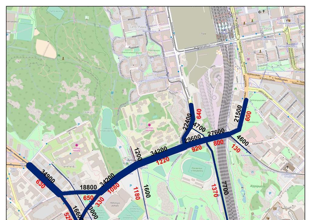 LIIKENTEEN TOIMIVUUSTARKASTELUT Katuverkon vuorokausi liikennemäärät Alueen vuorokauden liikennemäärät on arvioitu Helsingin liikennetutkimuksen liikennemäärälaskennoista.