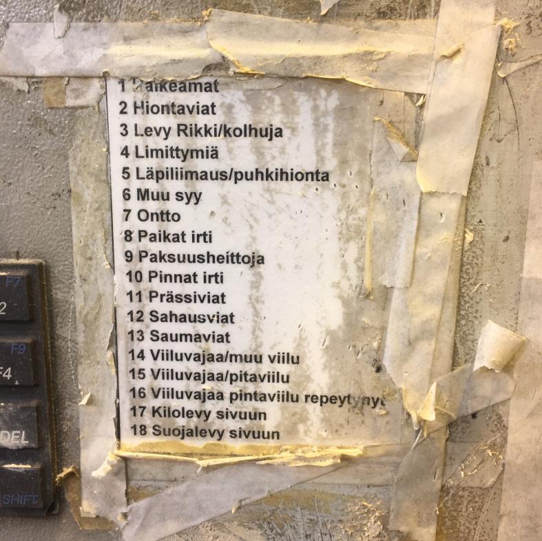 17 KUVA 4. Aihiolevyjen pudottamissyyt lajittelulinjalla 4.3.2 Hionta Hionnassa ei ilmennyt ongelmia, ja kaikki kohdetilauksien levyt saatiin hiottua priimalaatuisiksi.