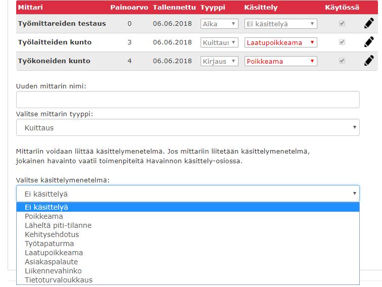 Mittarit käsittelymenetelmät Mittarien käsittelymenetelmät ovat tarpeellisia, jos havainto vaatii toimenpiteitä.