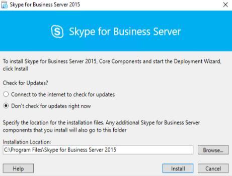 8 oletuspolku C:\Program Files\Skype for Business Server 2015\. Kuvassa 4 on valittu asennuskansio ja ohjelmiston asennus aloitettiin painamalla Install eli asenna. Kuva 5.