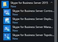 Hallintatyökalujen asennuksen jälkeen Windows:n käynnistä-valikkoon ilmestyi jälleen näkyviin kaksi uutta ohjelmaa (kuva 8) Skype for Business Server 2015 Topology Builder ja Skype for Business