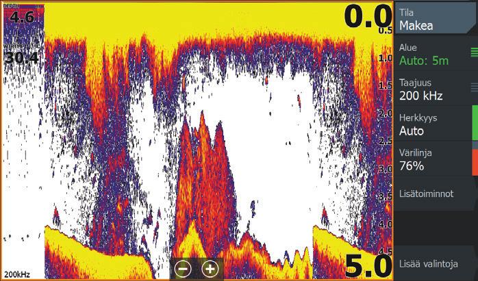 Voit määrittää kuvan kaikuluotainvalikon asetuksilla. lueen asetuksilla määritetään veden syvyys, joka näkyy näytössä Yksikkö tukee useita kaikuanturin taajuuksia.
