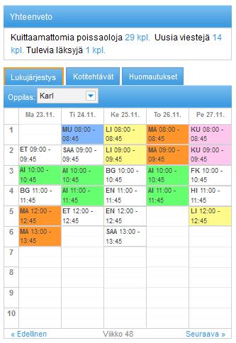 Kotitehtäviä päästään tarkastelemaan klikkaamalla Kotitehtävät-linkkiä. Mikäli kaikki kotitehtävät eivät mahdu näkymään, voidaan näkymiä selata Seuraava-linkillä.