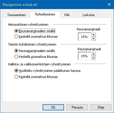 Kappale 5 Suurennuslasin toiminnot 121 Ryhmittyminen Ryhmittymisen valinnat määrittävät kuinka zoomattu ikkuna tulee näkyviin pitääkseen seuratut asiat näkyvillä.