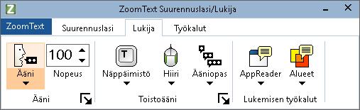 128 Työkalurivin Lukija välilehti Työkalurivin Lukija välilehti tarjoaa nopeakäyttöiset painikkeet ZoomTextin Lukijan toimintojen sallimiseen ja muokkaamiseen.