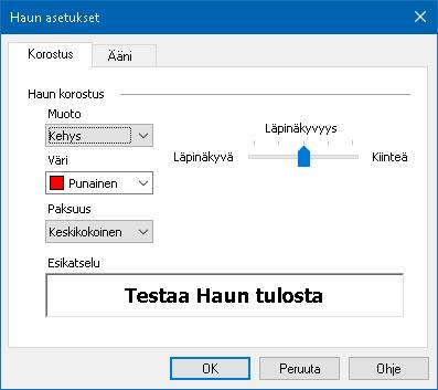 Kappale 7 Työkalut toiminnot 197 Haun korostus ja Äänen asetukset Haun asetukset mahdollistavat haun korostuksen ja löydettyjen kohteiden selaamisessa käytettävän äänen konfiguroinnin.