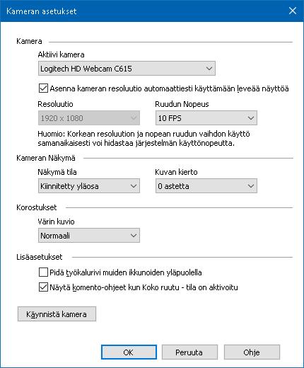 Kappale 7 Työkalut toiminnot 207 ZoomText Kamera valintaikkuna Asetus Kamera Aktiivi kamera Asenna kameran resoluutio automaattiesti käyttämään leveää näyttöä Resoluutio Kuvaus Näyttää nimen