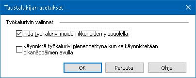 Kappale 7 Työkalut toiminnot 213 Taustalukijan asetukset Taustalukijan asetukset sallivat sinun valita kuinka työkalurivi näkyy, kun käynnistät ja käytät Taustalukijaa.
