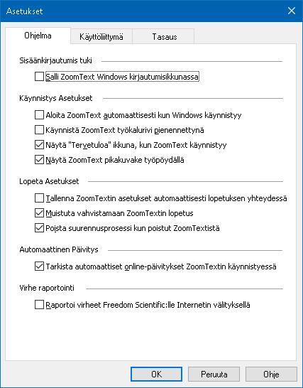 226 Ohjelman asetukset Ohjelman asetukset määrittävät, kuinka ZoomText käynnistyy ja poistuu ja mahdollistaa automaattisten päivitysten sallimisen. Ohjelman asetusten muokkaaminen 1.