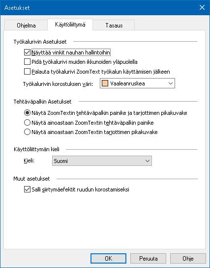 Kappale 9 Asetusten valinnat 229 Käyttöliittymän asetukset Käyttöliittymän asetukset määrittävät, kuinka ZoomText käyttöliittymä esiintyy Windows työpöydällä. Käyttöliittymän asetusten muokkaaminen 1.
