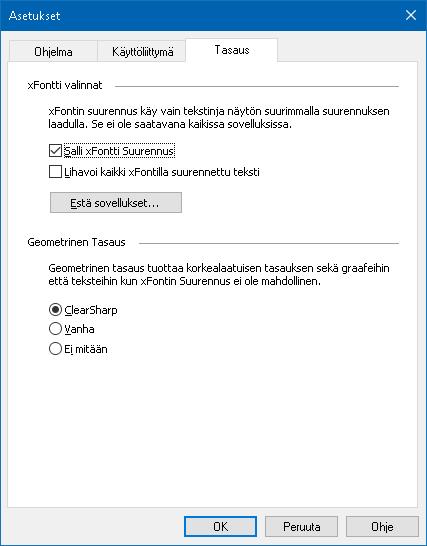Kappale 9 Asetusten valinnat 233 Tasaus välilehti Asetus xfont valinnat Salli xfont suurennus Lihavoi kaikki xfontilla suurennettu teksti Estä sovelluksia Kuvaus Sallii xfontin suurennuksen.