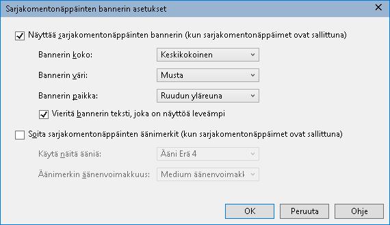 Kappale 4 ZoomText käyttöliittymä 47 Sarjakomentonäppäimien banneri Kun siirryt sarjakomentonäppäinten tilaan, voidaan näyttää banneri, joka kertoo tilan aktivoitumisesta sekä siitä, missä