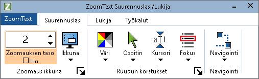 60 Työkalurivin Suurennuslasi välilehti Työkalurivin Suurennuslasi välilehti tarjoaa nopeakäyttöiset painikkeet ZoomTextin Suurennuslasin toimintojen sallimiseen ja muokkaamiseen.