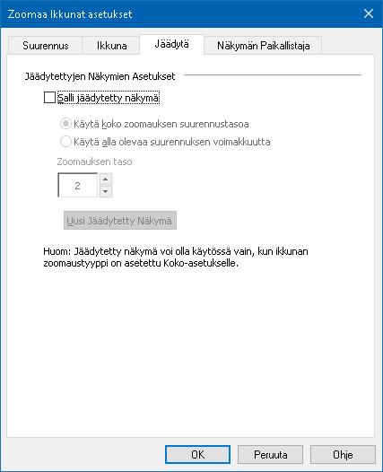 Kappale 5 Suurennuslasin toiminnot 83 Jäädytä välilehti Asetus Kuvaus Jäädytettyjen Näkymien Asetukset Salli jäädytetty näkymä Käytä koko zoomauksen suurennustasoa Käytä alla olevaa suurennuksen