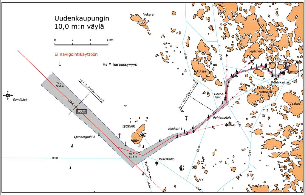 Kuva 4. Uudenkaupungin 12,5 m väylän kartta (Liikennevirasto 2017a).