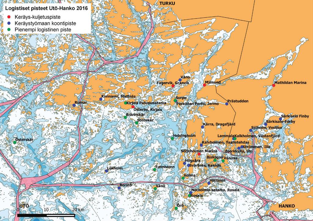 Kuva 15. Utö Hanko-kartoitusalueen keräys-kuljetuspisteet (punainen), keräystyömaan koontipisteet (sininen) ja pienemmät logistiset pisteet (vihreä) (Karttapohja MML 2016). 4.