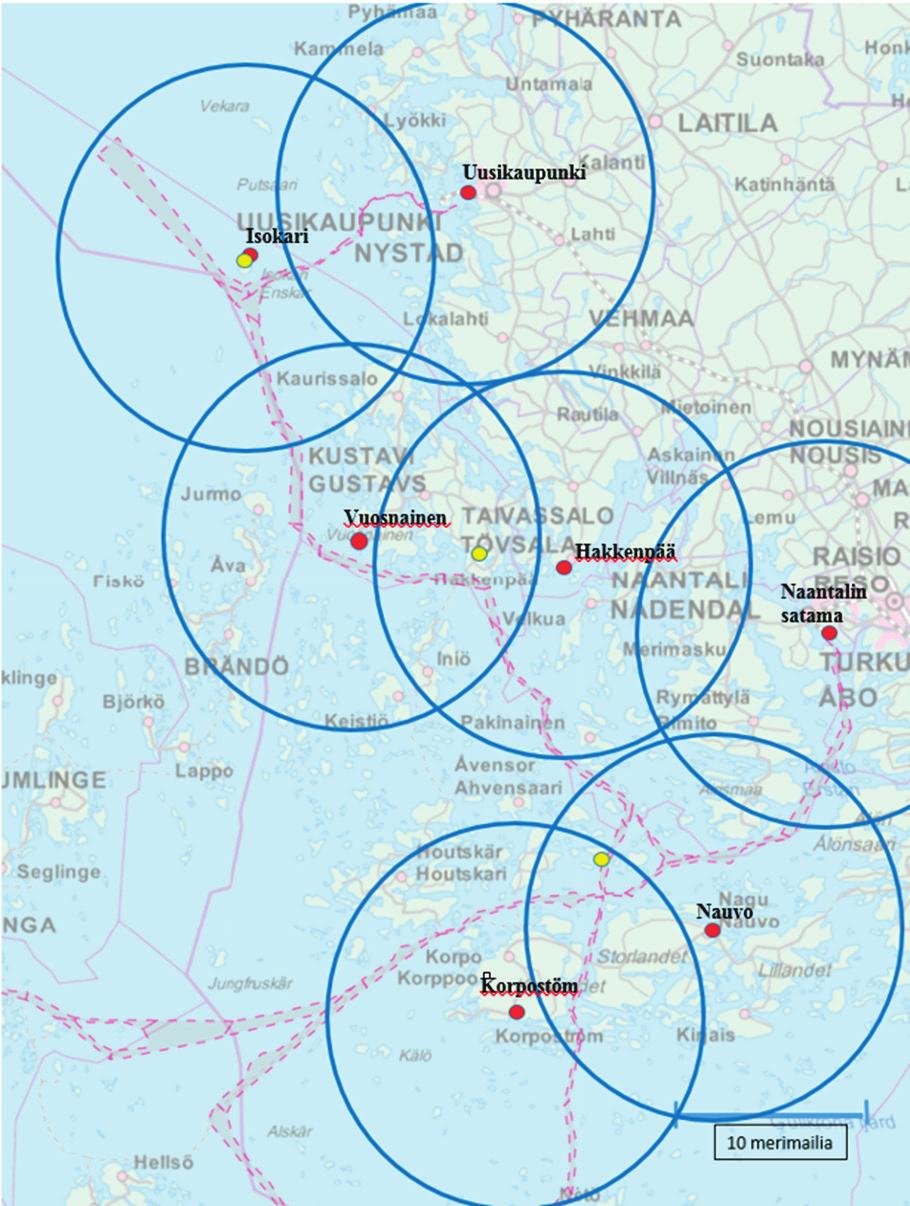 Kuva 26. Ehdotetut perustamiskeskusten paikat Nauvo Uusikaupunki-väylän varrella.