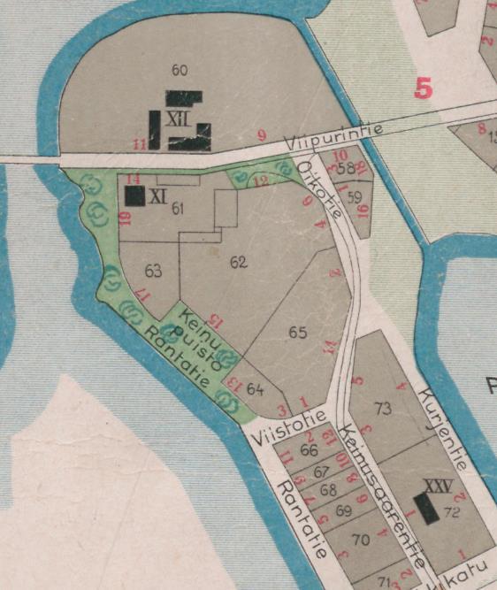 Oikealla kaupunkikartta 1910-luvulta, jossa näkyvät teollisuustontit, Verkatehtaan 62 ja 63 sekä Kenkätehtaan 65 ja 64.