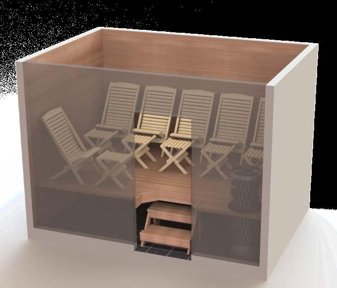 Reilun kokoinen sauna 330 x 200 cm W-100 tuoleja