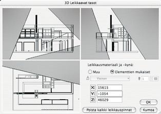 Myös vyöhykkeet on mahdollista valita näkymään haluttaessa yhtäaikaisesti mallin kanssa. ArchiCAD-malliin määritetään leikkaavia tasoja kohdassa Näkymä Elementit 3D-näkymässä 3D-leikkausasetukset.