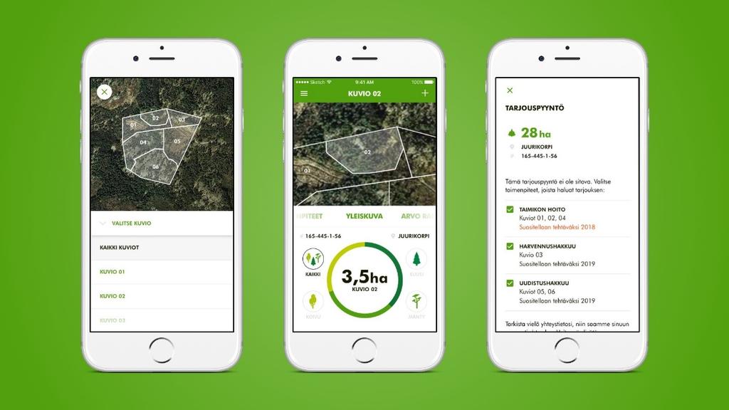 Helposti alkuun Metsäni -sovellus Metsäsi arvo ja tunnusluvut helpossa ja ymmärrettävässä muodossa Kuviotason selkeät