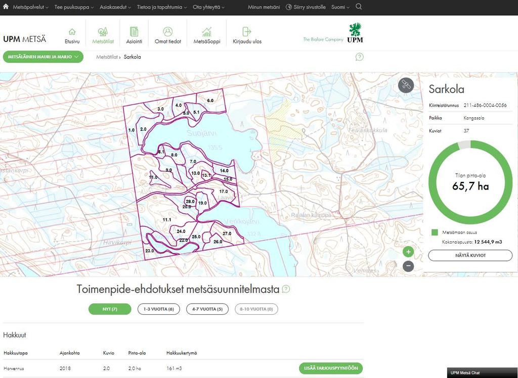 Minun metsäni - palvelu rekisteröityneille käyttäjille puukauppaan ja metsäomaisuuden hoitoon Sähköinen puukauppa, Metsäsuunnitelma, metsäveromuistiinpanot, sopimusarkisto Tavoitteena on luoda