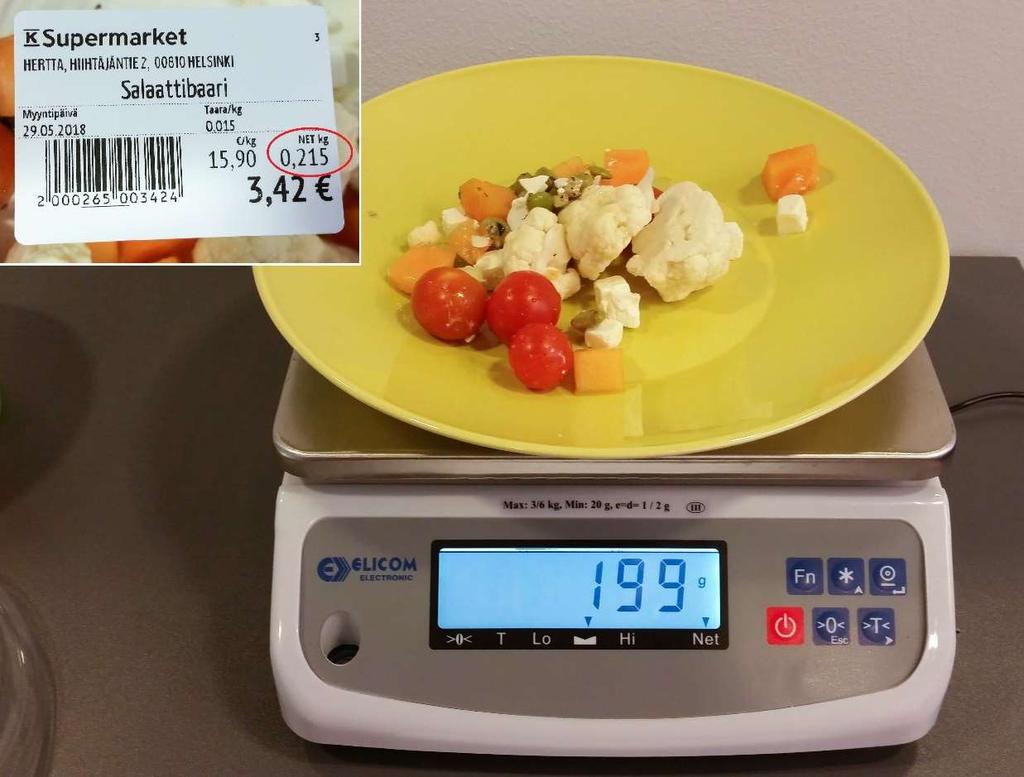 Vaaka on taarattu, mutta liian vähän. Kuluttaja saa 16g vähemmän salaattia kuin mistä maksaa. Muita huomioita Erilaisia vaakoja Myös vaakakäytännöt vaihtelivat kauppojen välillä.