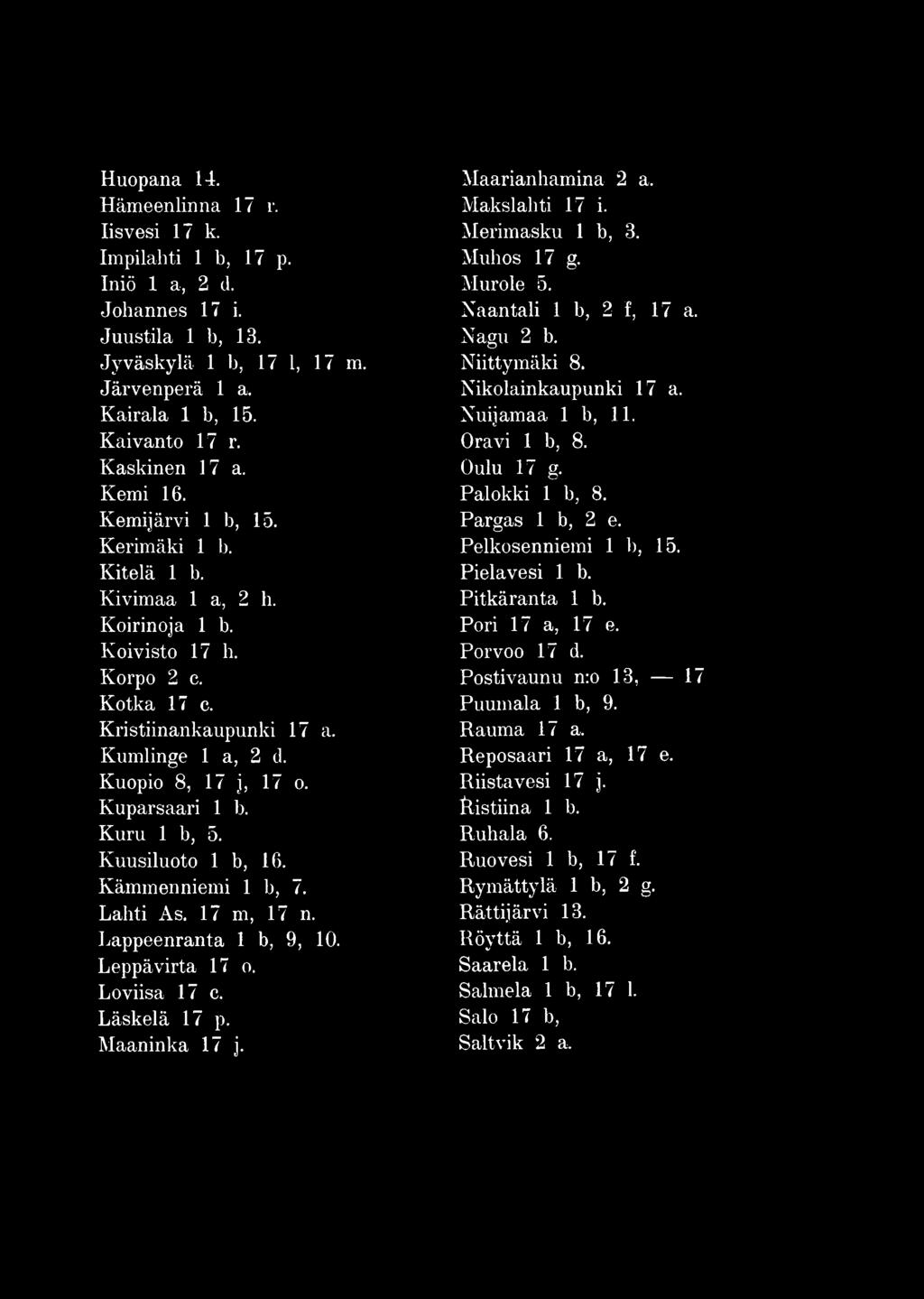 Nikolainkaupunki 17 a. Nuijamaa 1 b, 11. Oravi 1 b, 8. Oulu 17 g. Palokki 1 b, 8. Pargas 1 b, 2 e. Pelkosenniemi 1 h, 15. Pielavesi 1 b. Pitkäranta 1 b. Pori 17 a, 17 e. Porvoo 17 d.